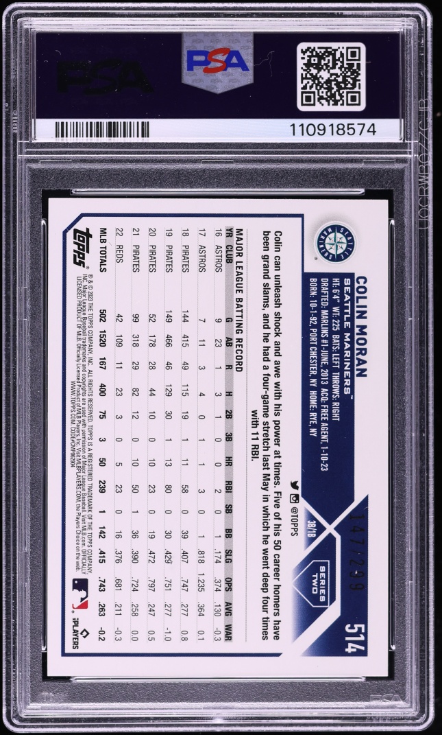 2023 Topps Orange Foil Colin Moran /299 #514 PSA 10 GEM MINT