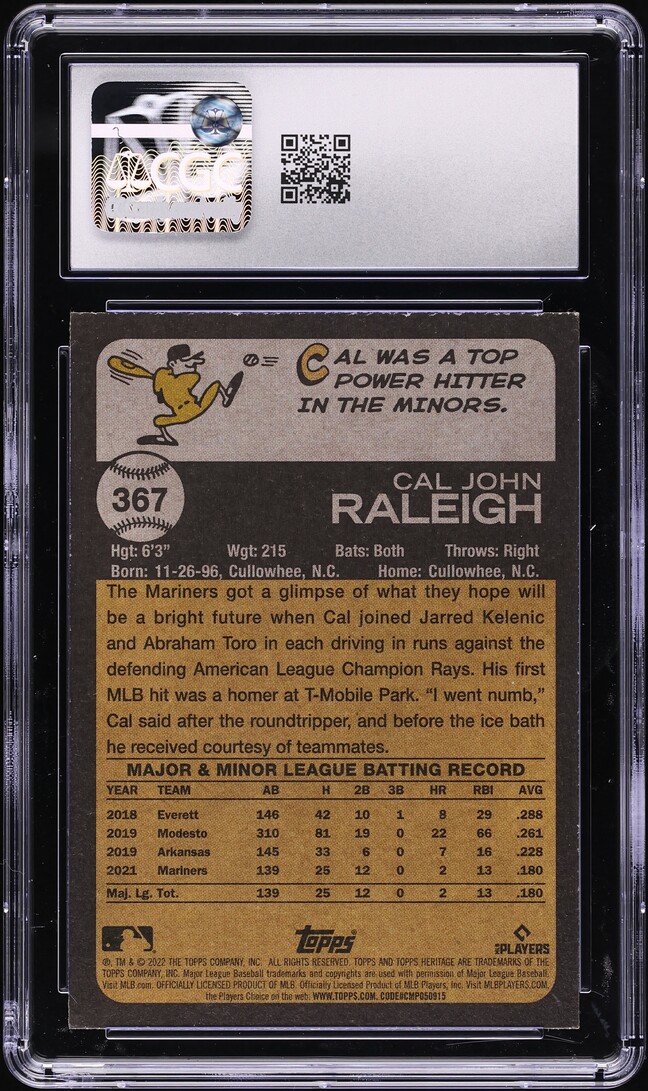 2022 Topps Heritage Cal Raleigh ROOKIE #367 CGC 9 MINT