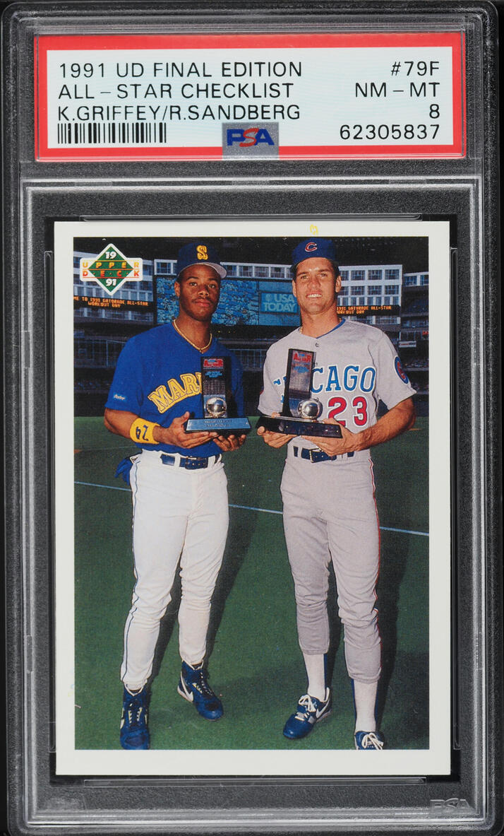 1991 UD Final Edition All-Star Checklist Ken Griffey & Ryne Sandberg #79F PSA 8