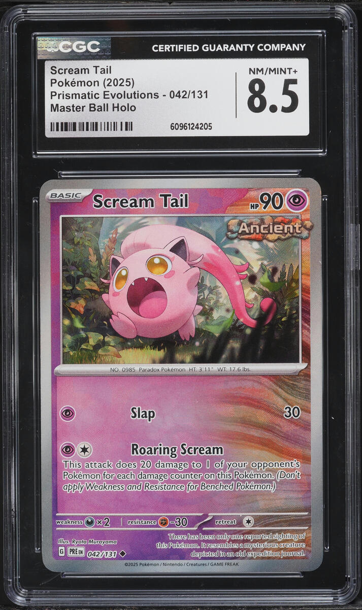 2025 Pokemon Scarlet & Violet Prismatic Evolutions Master Ball Holo Scream Tail #42 CGC 8.5