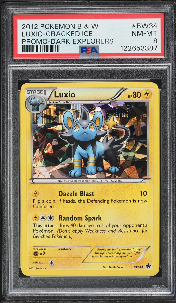 2012 Pokemon Black & White Promo Dark Explorers Cracked Ice Holo Luxio #BW34 PSA 8 NM-MT