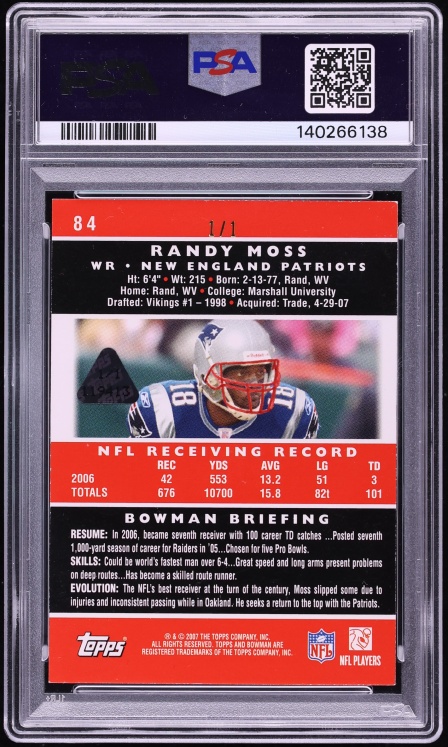2007 Bowman Red Randy Moss 1/1 #84 PSA 7 NRMT - Photo 2