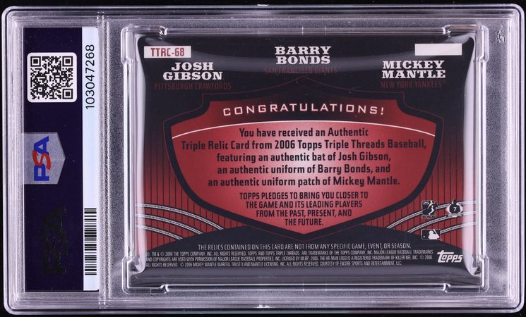 2006 Topps Triple Threads Combos Josh Gibson Barry Bonds Mickey Mantle PATCH /18 #TTRC-68 PSA 7 - Photo 2
