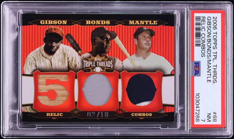 2006 Topps Triple Threads Combos Josh Gibson Barry Bonds Mickey Mantle PATCH /18 #TTRC-68 PSA 7