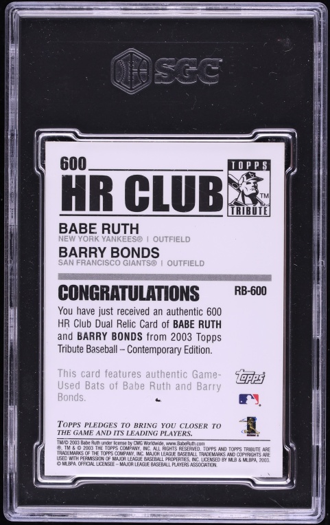 2003 Topps Tribute Contemporary Tribute 600 HR Club Double Babe Ruth Barry Bonds RELIC SGC 8 - Photo 2