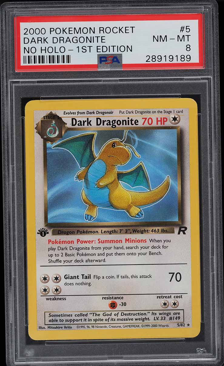 2000 Pokemon Team Rocket 1st Edition Error Dark Dragonite #5 PSA 8 NM-MT