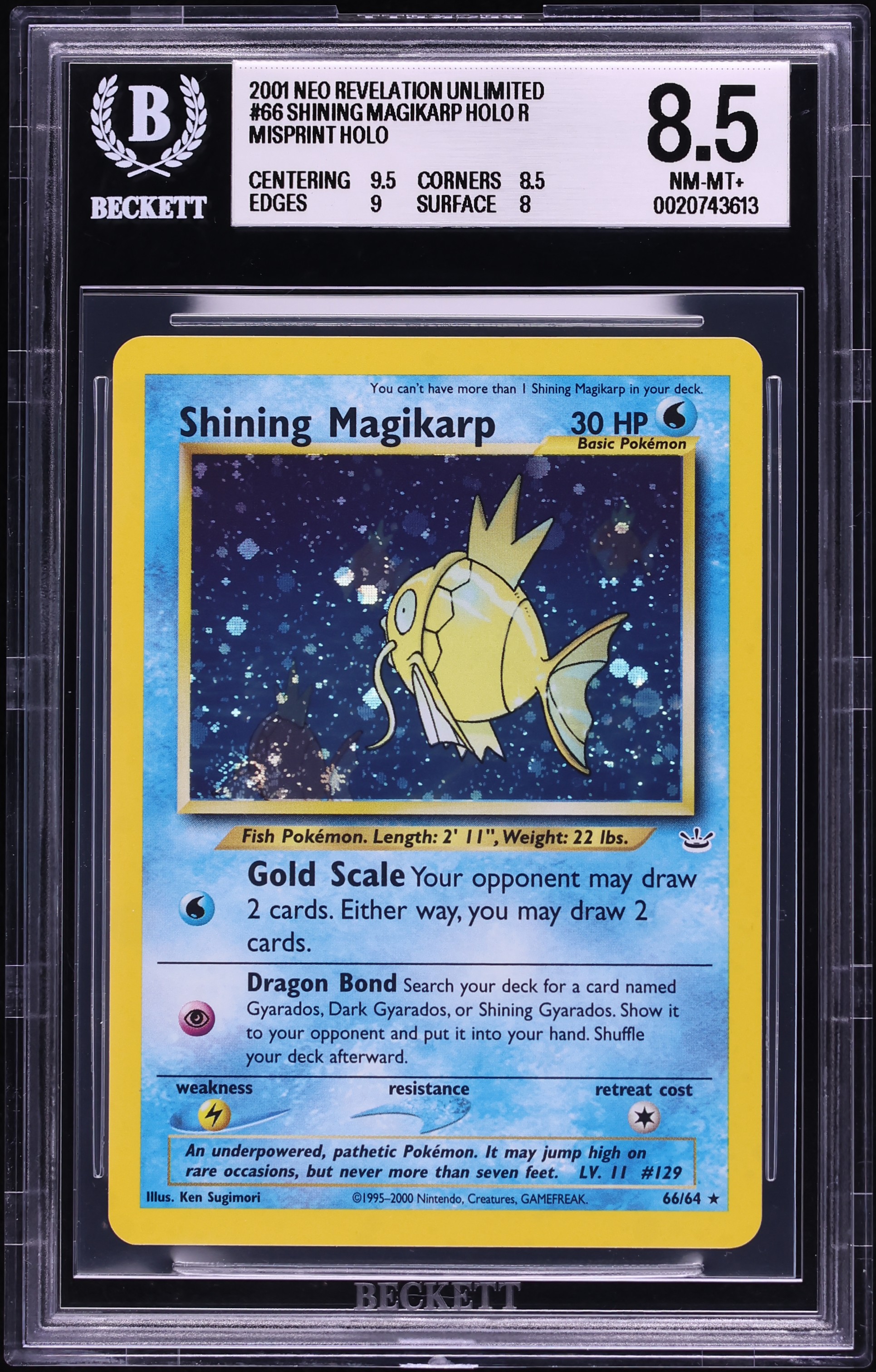 2001 Pokemon Neo Revelation Misprint Holo Shining Magikarp #66 BGS 8.5 NM-MT+