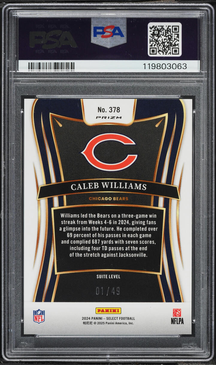 2024 Select Suite Level Red Prizm Caleb Williams ROOKIE 1/49 #378 PSA 10 GEM MINT - Photo 2