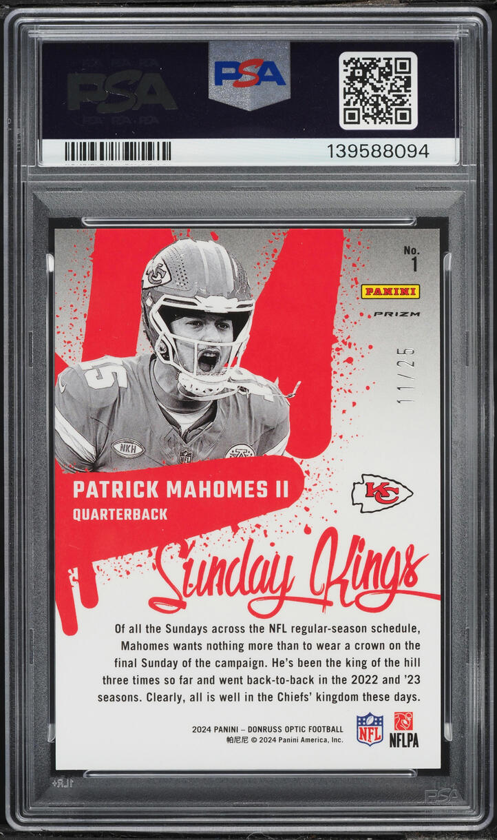2024 Donruss Optic Sunday Kings Black Pandora Patrick Mahomes II /25 #1 PSA 9 MINT - Photo 2