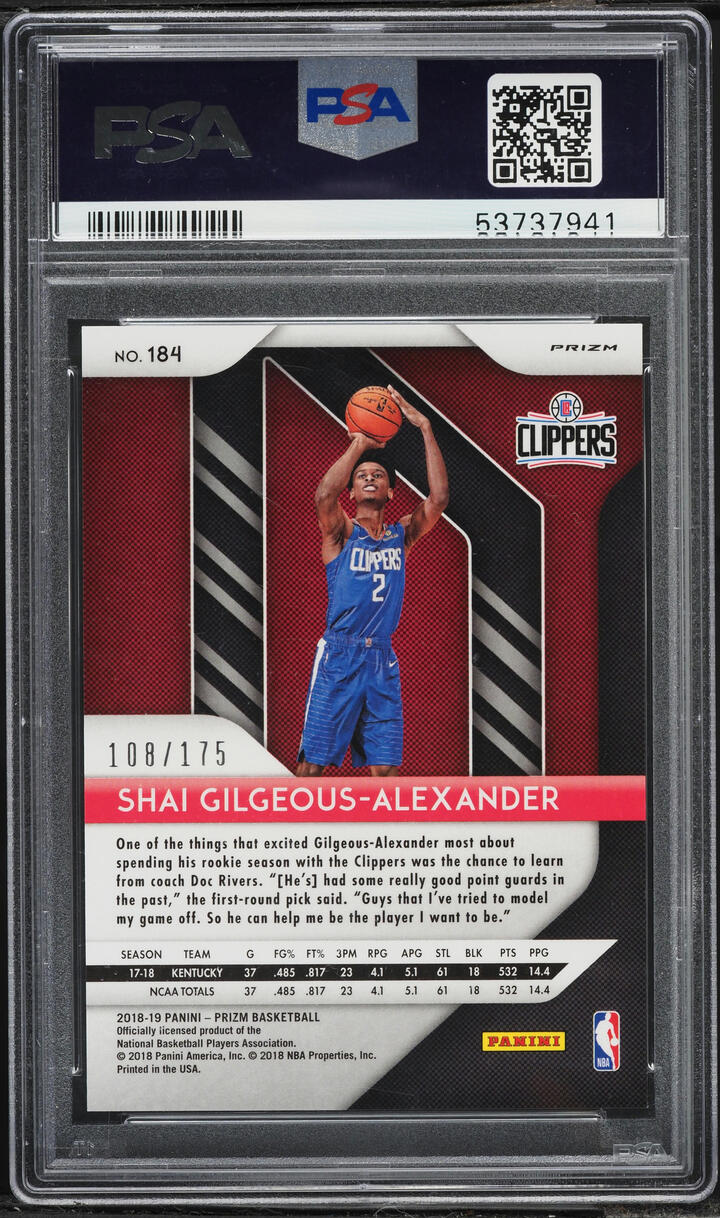 2018 Panini Prizm Fast Break Blue Shai Gilgeous-Alexander ROOKIE /175 #184 PSA 9 MINT - Photo 2