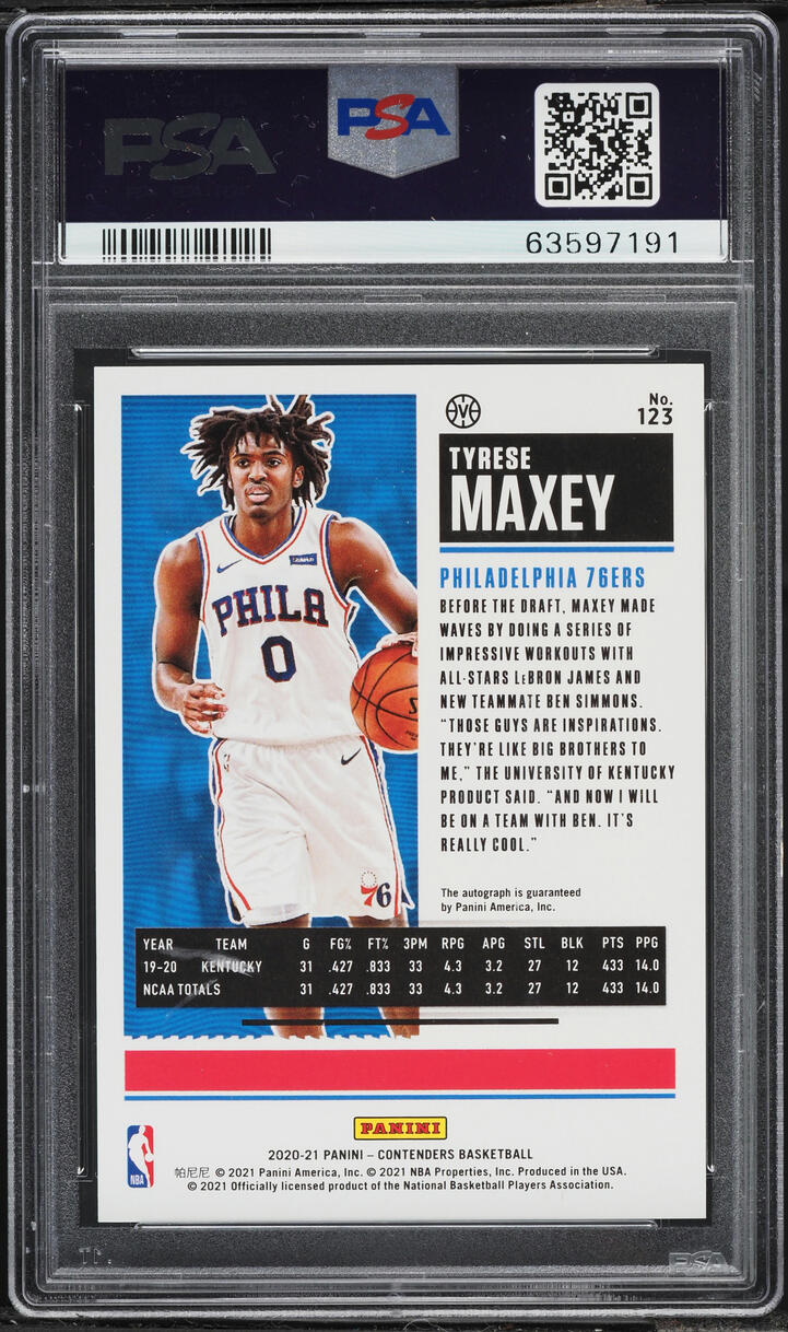2020 Panini Contenders Playoff Tyrese Maxey ROOKIE AUTO /99 #123 PSA 9 MINT - Photo 2