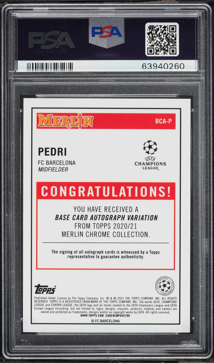 2020 Topps Merlin Chrome UEFA Champions League Pedri ROOKIE AUTO #BCA-P PSA 9 MINT - Photo 2
