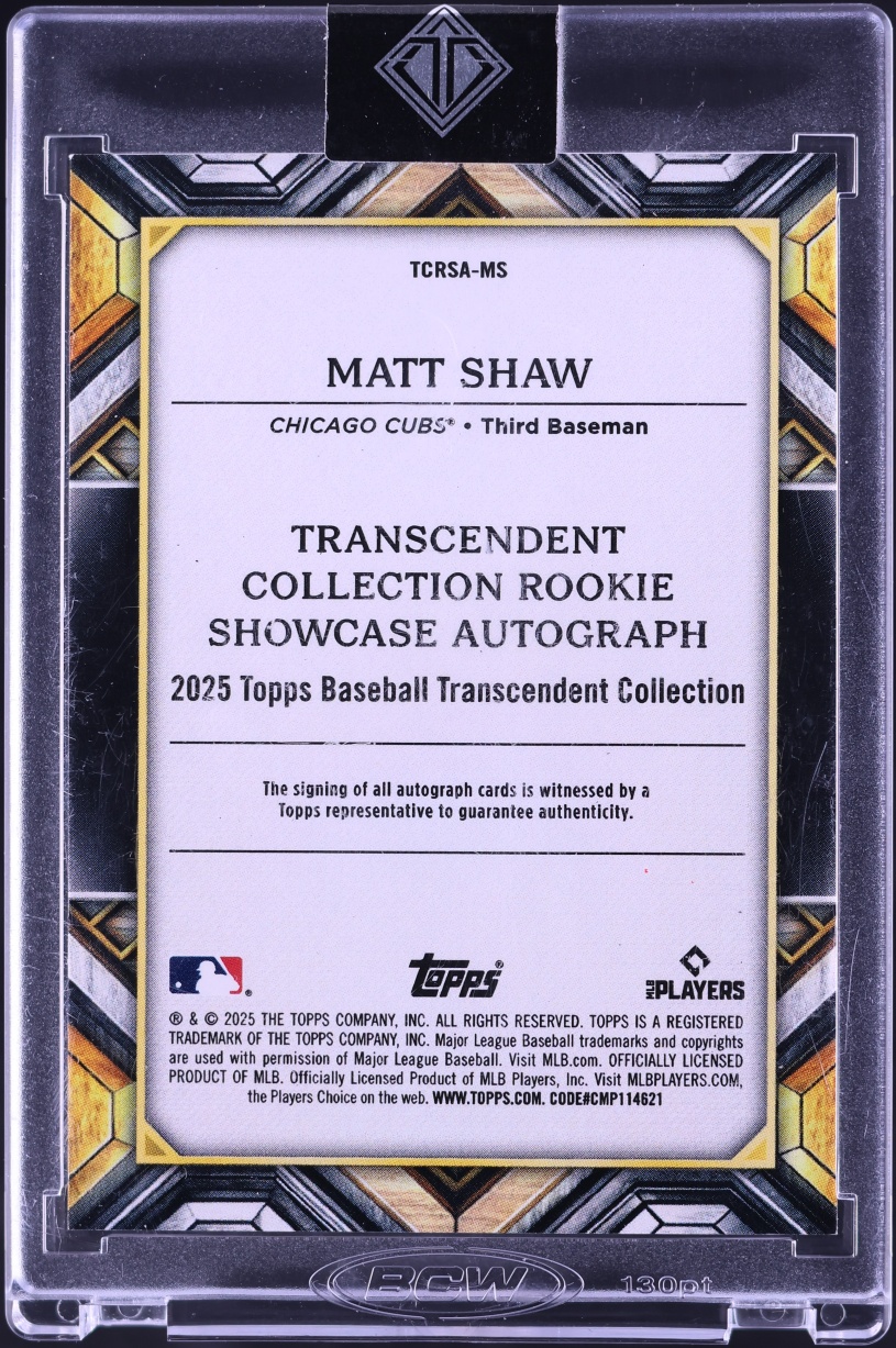 2025 Topps Transcendent Collection Showcase Blue Matt Shaw ROOKIE AUTO /10 #TCRSA-MS
