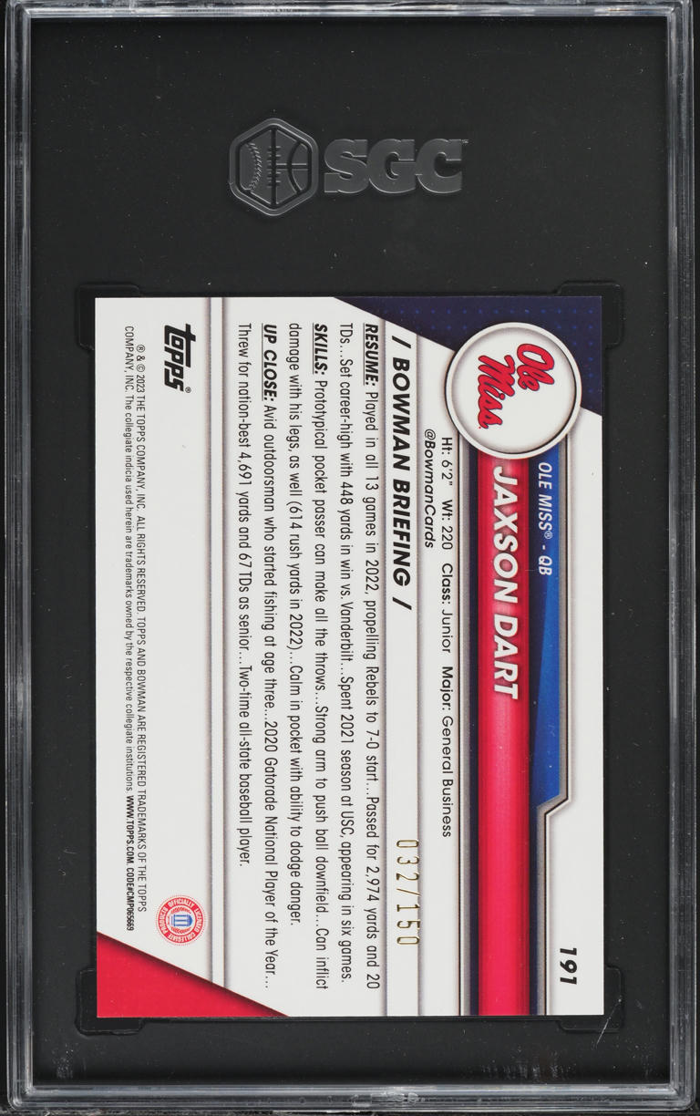 2023 Bowman Chrome U Fuchsia Mini Refractor Jaxson Dart ROOKIE /150 #191 SGC 10