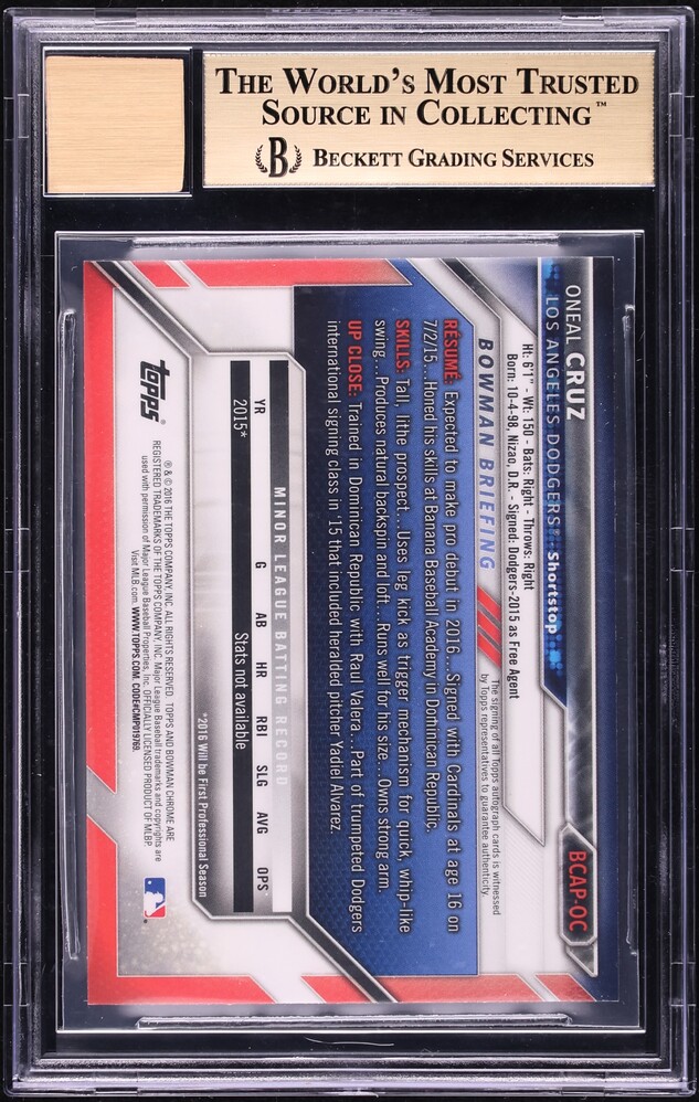 2016 Bowman Chrome Oneal Cruz PROSPECT AUTO #BCAP-OC BGS 9.5 GEM MINT