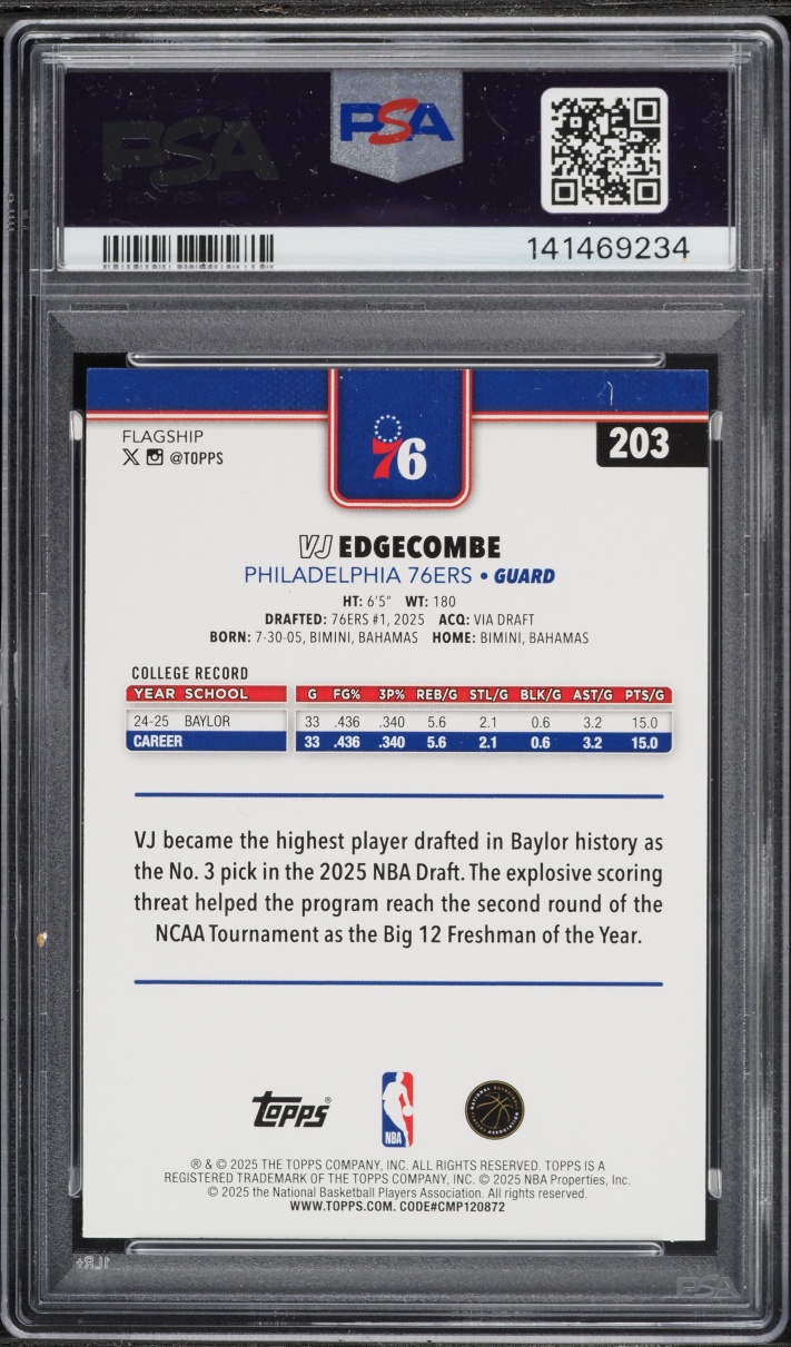 2025 Topps Victory VJ Edgecombe ROOKIE #203 PSA 10 GEM MINT - Photo 2