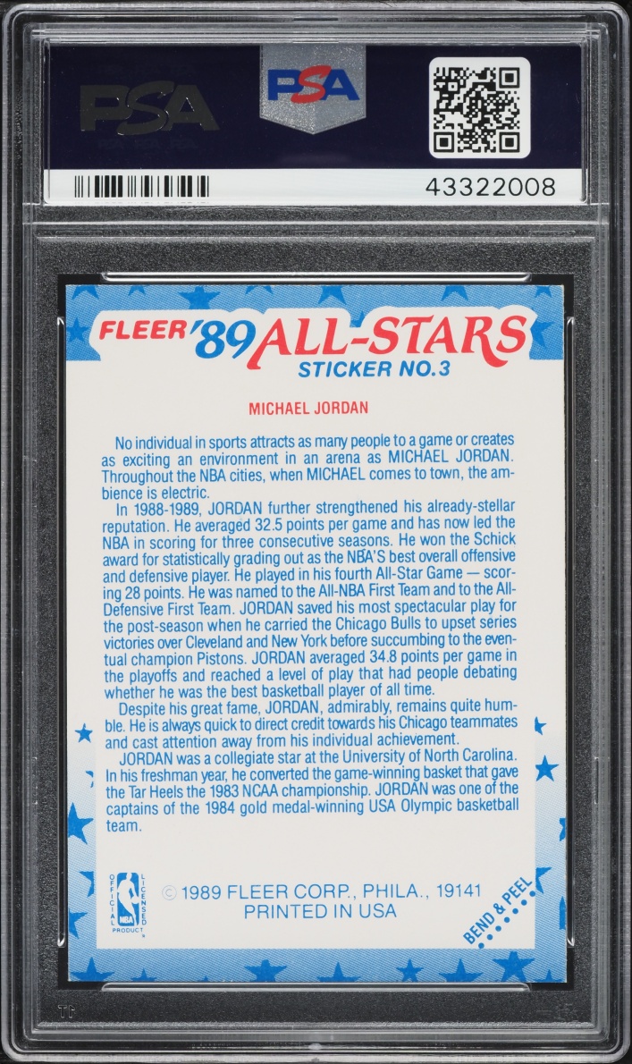 1989 Fleer Sticker Michael Jordan #3 PSA 9 MINT
