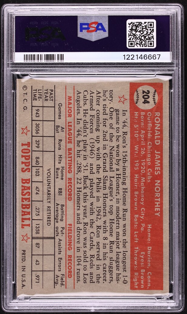 1952 Topps Ron Northey #204 PSA 8 NM-MT