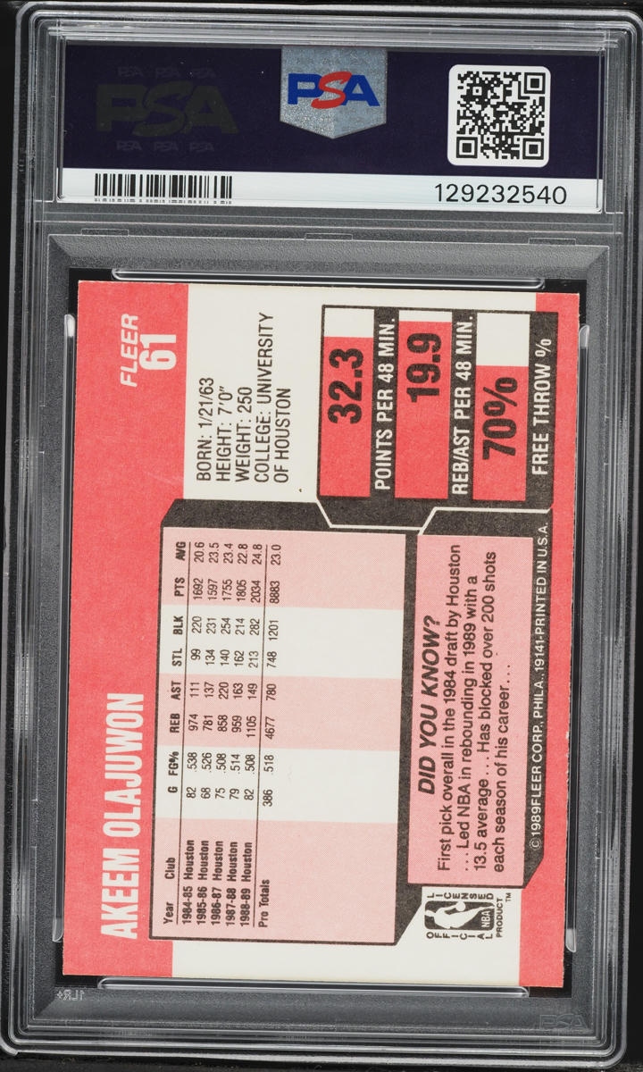 1989 Fleer Basketball Hakeem Olajuwon #61 PSA 9 MINT