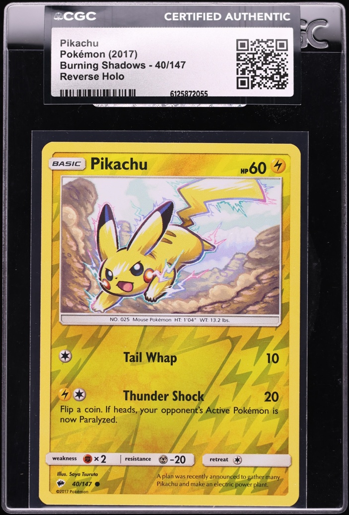 2017 Pokemon Sun & Moon Burning Shadows Reverse Holo Pikachu #40 CGC AUTH