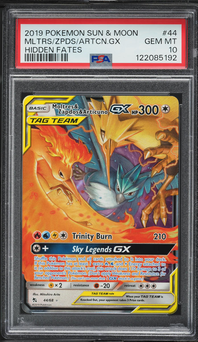 2019 Pokemon SM Hidden Fates Moltres & Zapdos & Articuno GX #44 PSA 10 GEM MINT