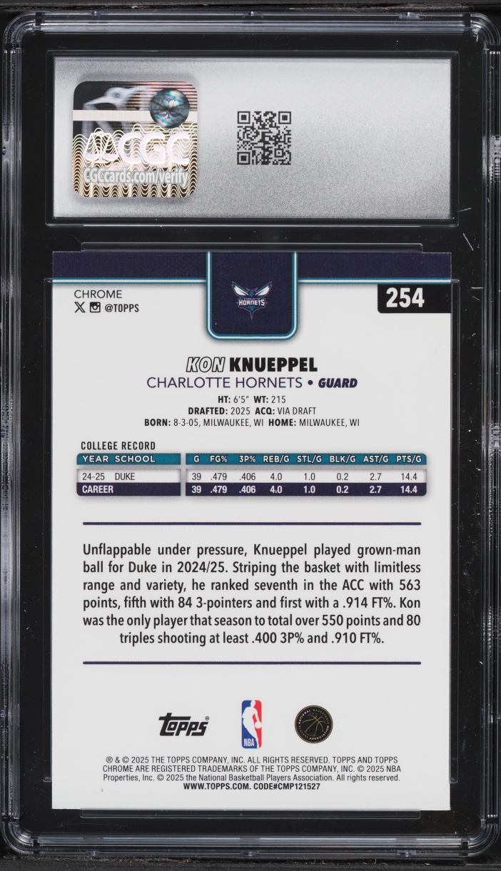 2025 Topps Chrome Kon Knueppel ROOKIE #254 CGC 9 MINT