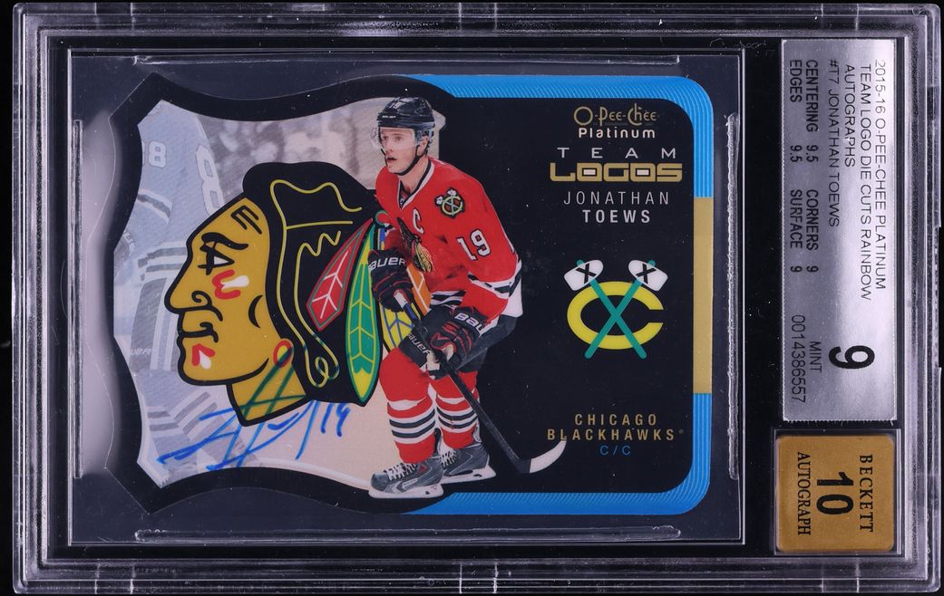 2015 O-Pee-Chee Platinum Team Logos Rainbow Die-Cut Jonathan Toews AUTO #T-7 BGS 9 MINT