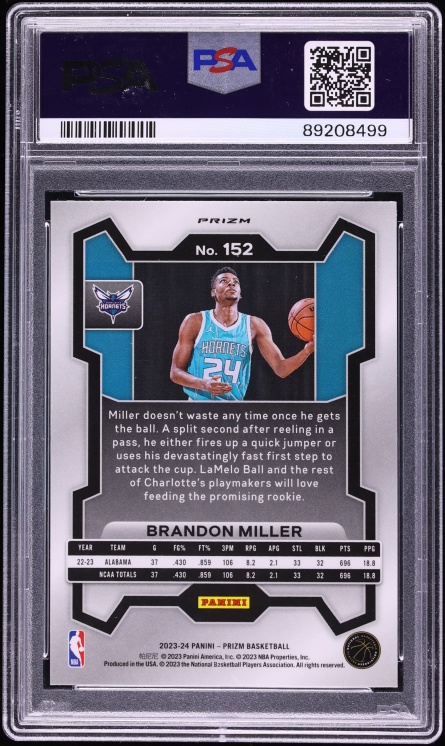 2023 Panini Prizm Pink Ice Brandon Miller ROOKIE #152 PSA 10 GEM MINT