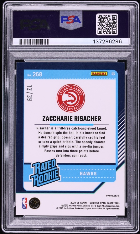 2024 Donruss Optic Black Velocity Zaccharie Risacher ROOKIE /39 #268 PSA 8 NM-MT