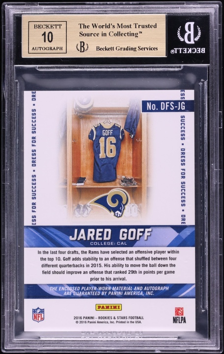 2016 Panini Rookies And Stars Dress For Success Jared Goff PATCH AUTO /49 #10 BGS 9.5 GEM MINT