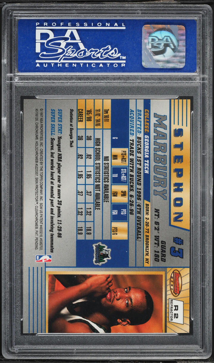 1996 Bowman's Best Refractor Stephon Marbury ROOKIE #R2 PSA 10 GEM MINT