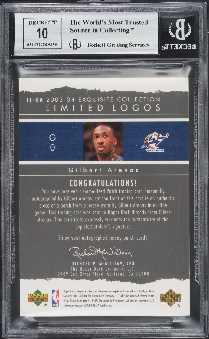 2003 Exquisite Collection Limited Logos Gilbert Arenas PATCH AUTO /75 #LL-GA BGS 8.5 NM-MT+