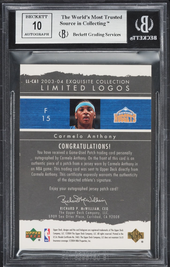 2003 Exquisite Limited Logos Carmelo Anthony ROOKIE PATCH AUTO /75 #LL-CA1 BGS 8.5 NM-MT+