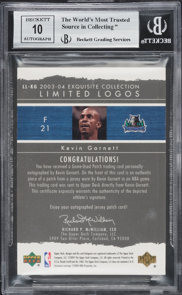 2003 Exquisite Collection Limited Logos Kevin Garnett PATCH AUTO /75#LL-KG BGS 9 MINT