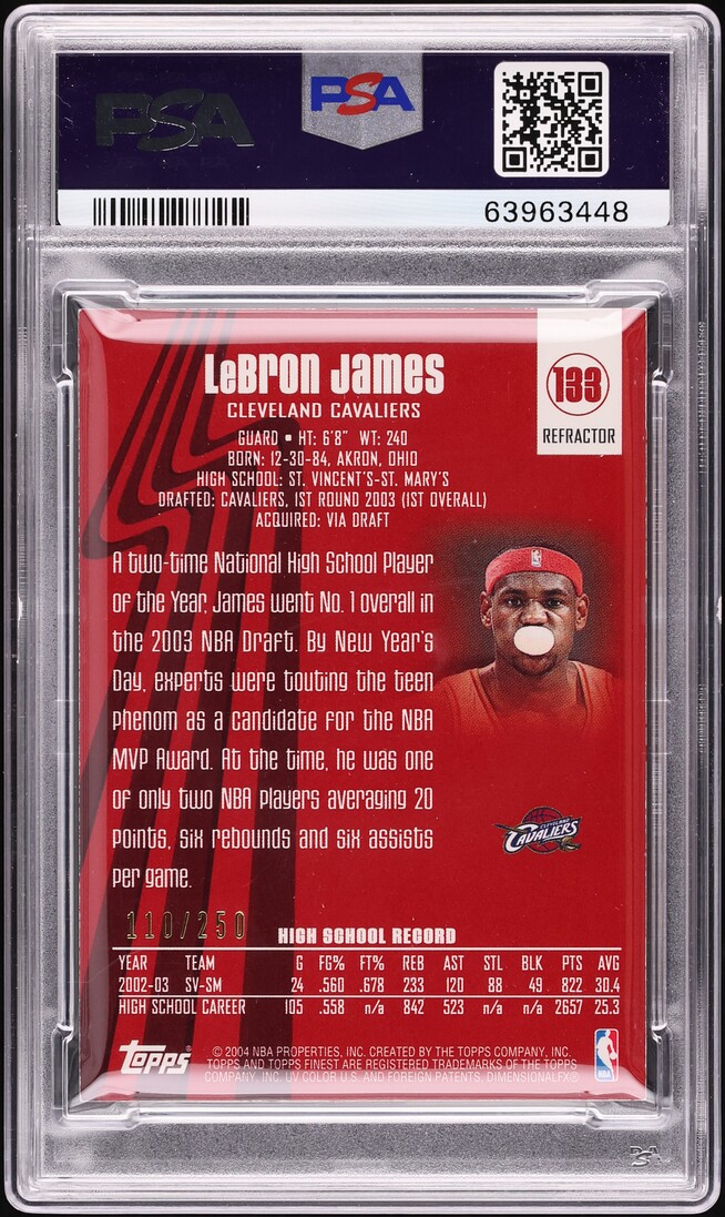 2003 Finest Refractor LeBron James ROOKIE /250 #133 PSA 8 NM-MT - Photo 2