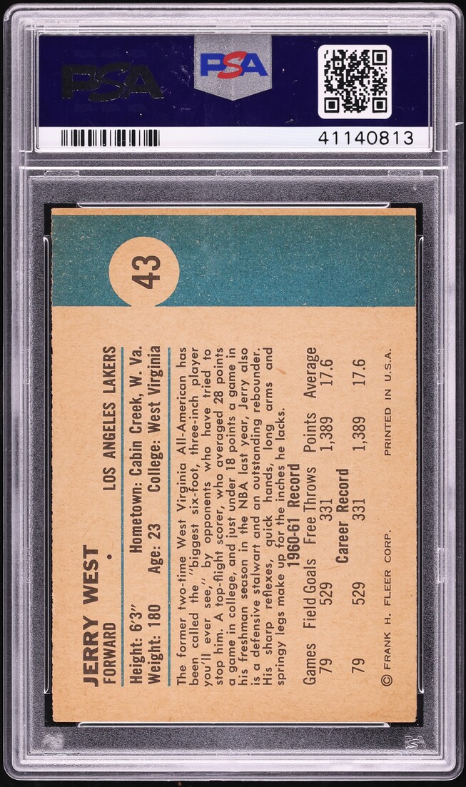 1961 Fleer Basketball Jerry West ROOKIE #43 PSA 6 EXMT - Photo 2