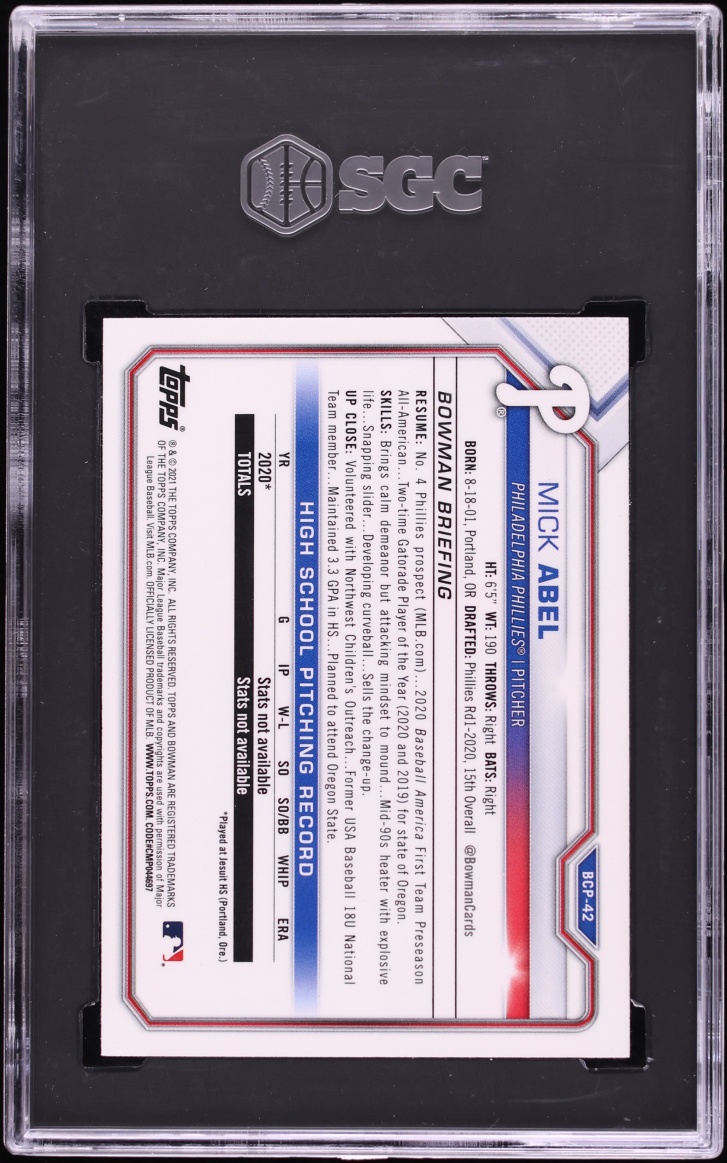 2021 Bowman Chrome Mega Box Mick Abel PROSPECT #BCP-42 SGC 9 MINT