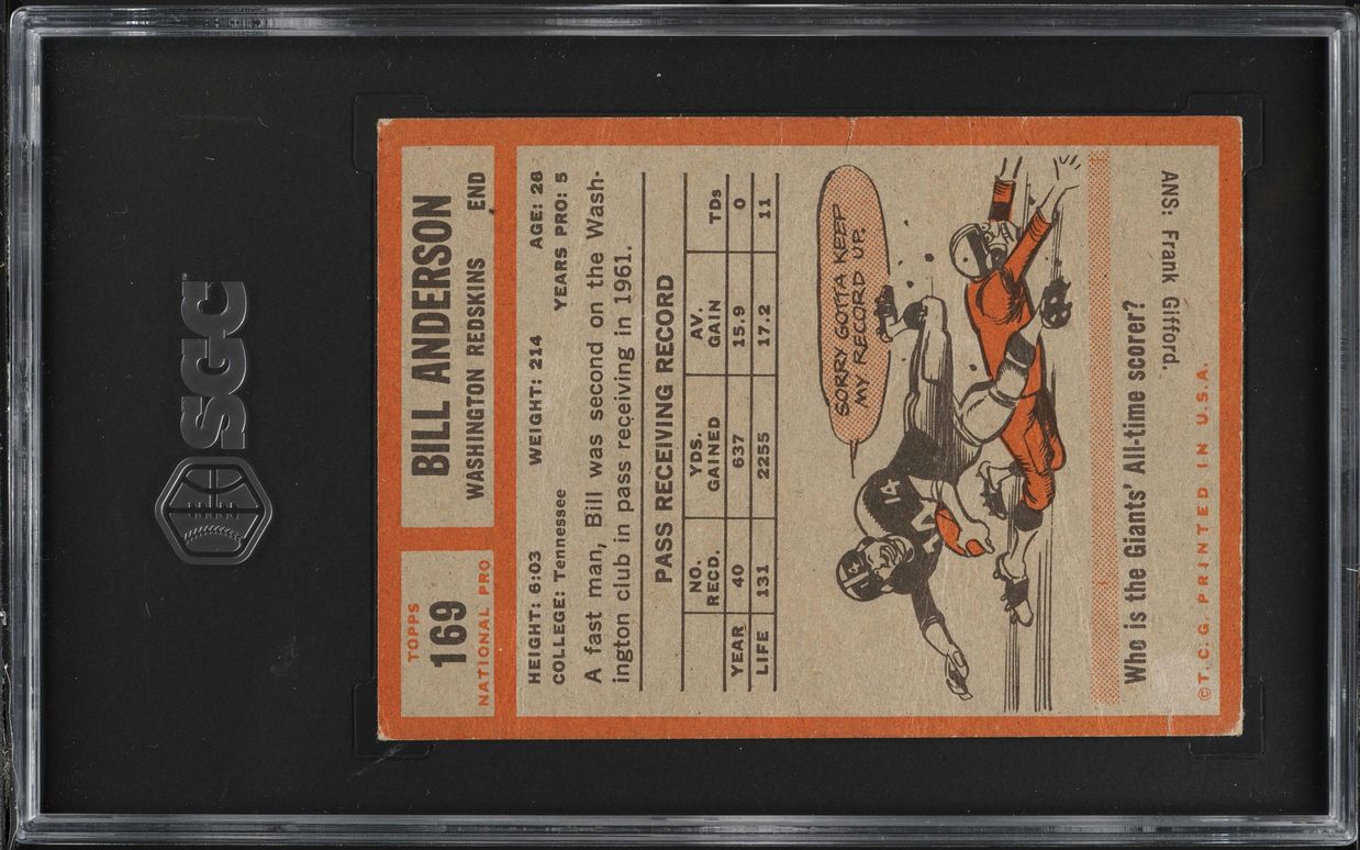 1962 Topps Football Bill Anderson #169 SGC 1 PR