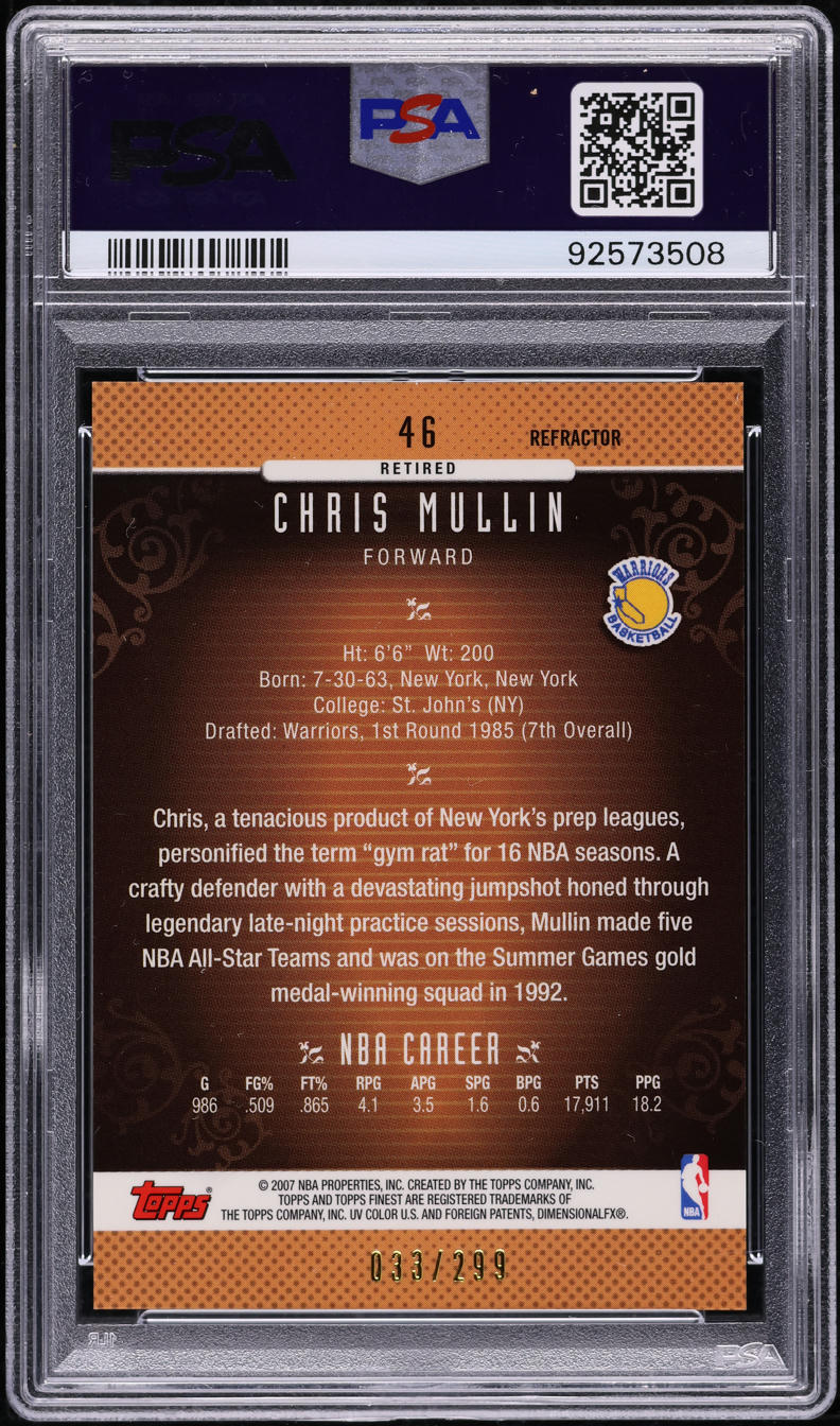 2006 Finest Blue Refractor Chris Mullin /299 #46 PSA 10 GEM MINT