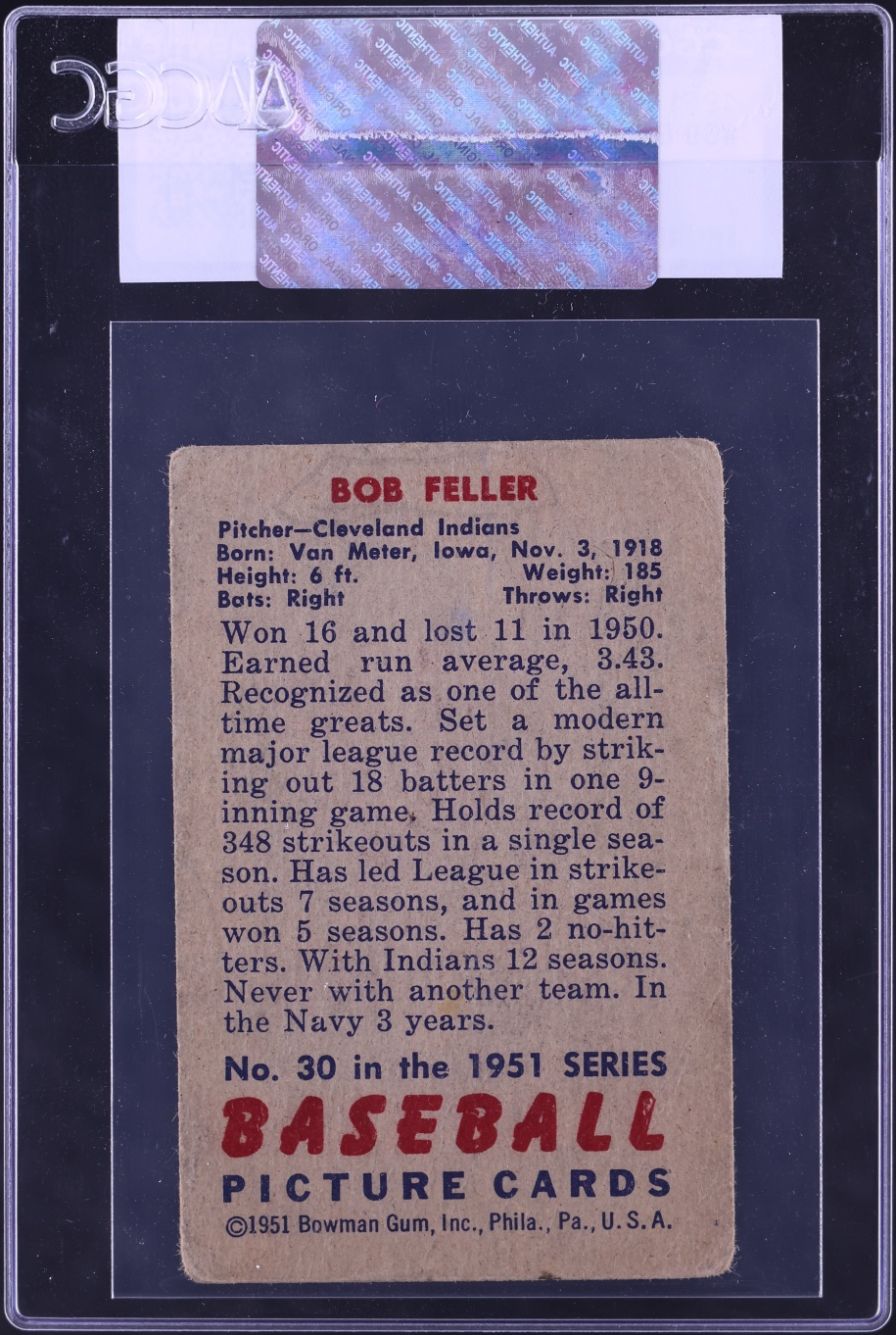1951 Bowman Bob Feller #30 CGC AUTH