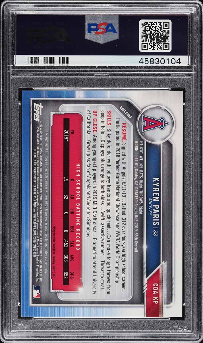 2019 Bowman Chrome Blue Wave Refractor Kyren Paris PROSPECT AUTO /150 PSA 10 GEM