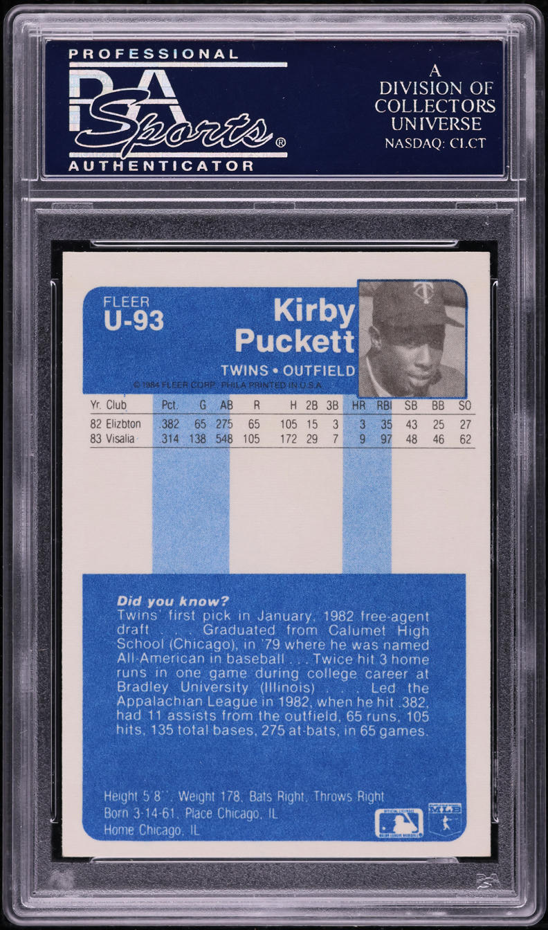 1984 Fleer Update Kirby Puckett ROOKIE #U-93 PSA 10 GEM MINT