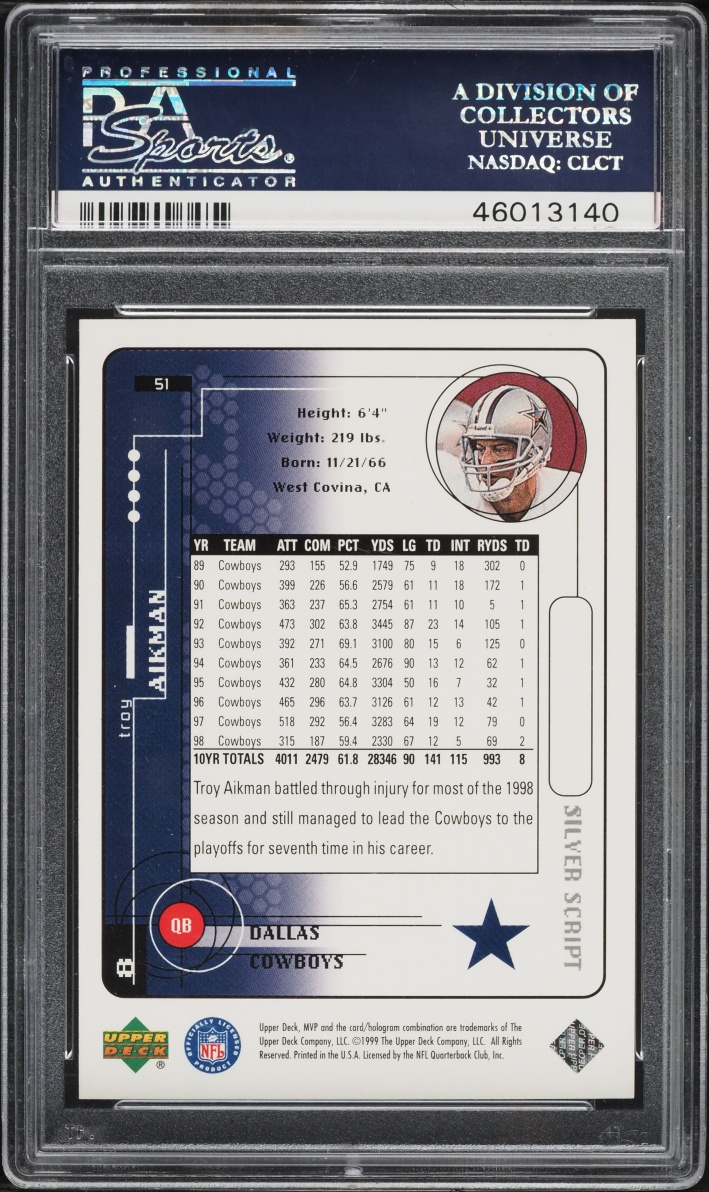 1999 Upper Deck MVP Silver Script Troy Aikman #51 PSA 10 GEM MINT