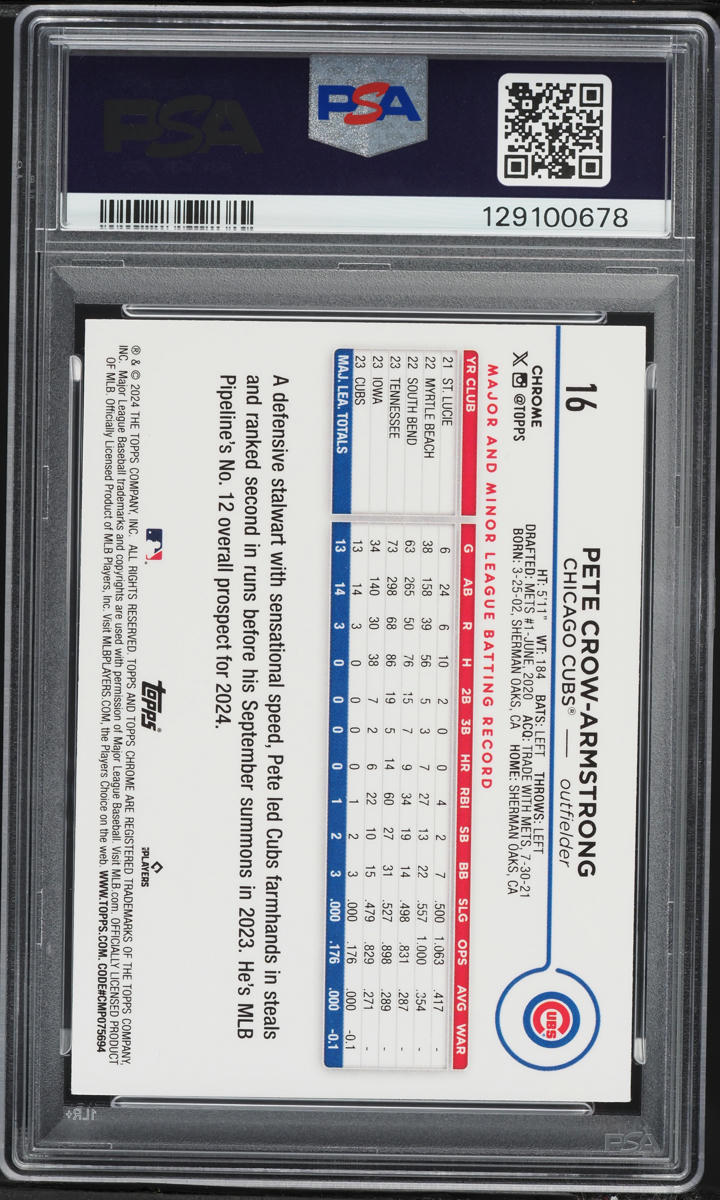 2024 Topps Chrome Purple Refractor Pete Crow-Armstrong ROOKIE /250 #16 PSA 9 MINT
