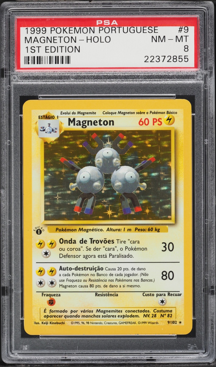 1999 Pokemon Portuguese Base Set 1st Edition Holo Magneton #9 PSA 8 NM-MT