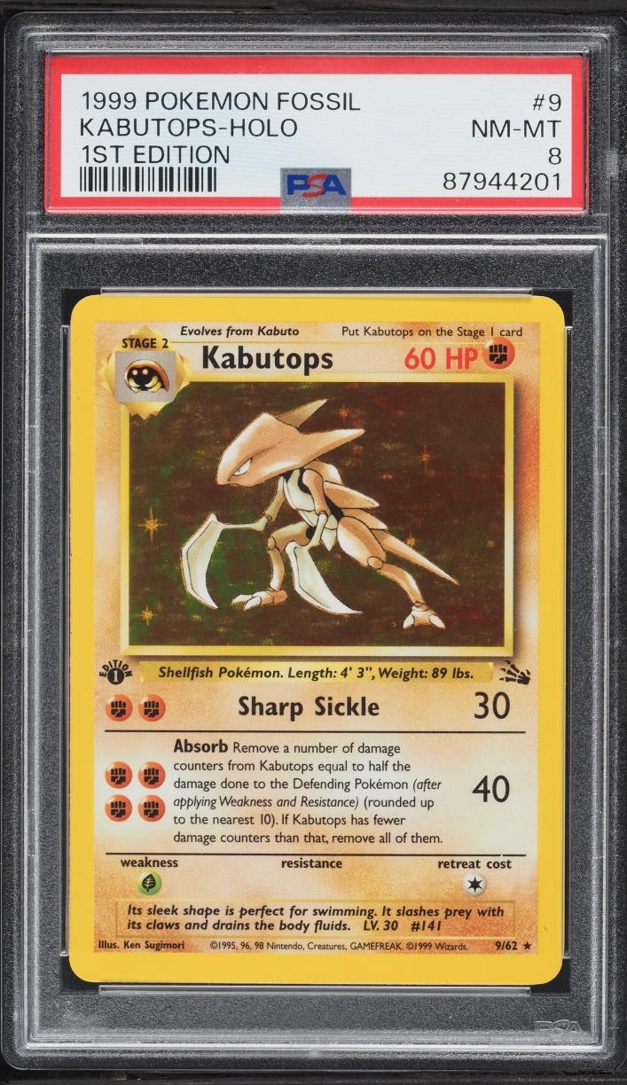 1999 Pokemon Fossil 1st Edition Holo Kabutops #9 PSA 8 NM-MT