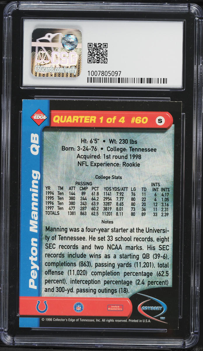 1998 Collector's Edge Odyssey Peyton Manning ROOKIE #60 CSG 8 NM-MT