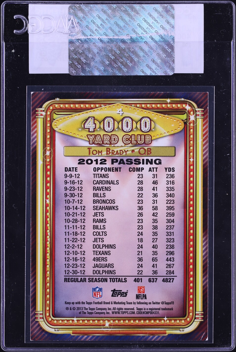 2013 Topps 4000 Yard Club Tom Brady #4 CGC AUTH