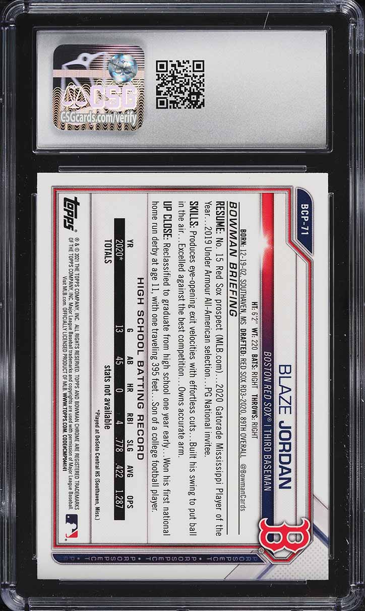 2021 Bowman Chrome Blaze Jordan PROSPECT #BCP-71 CSG 10 GEM MINT