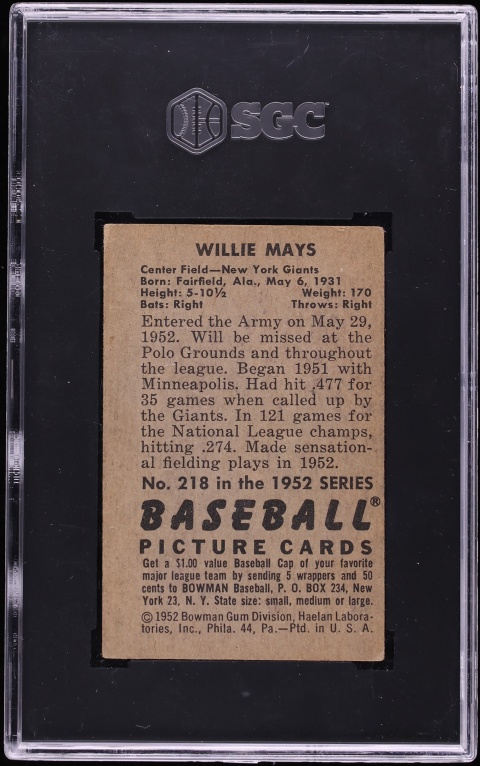 1952 Bowman Willie Mays #218 SGC 2.5 GD+